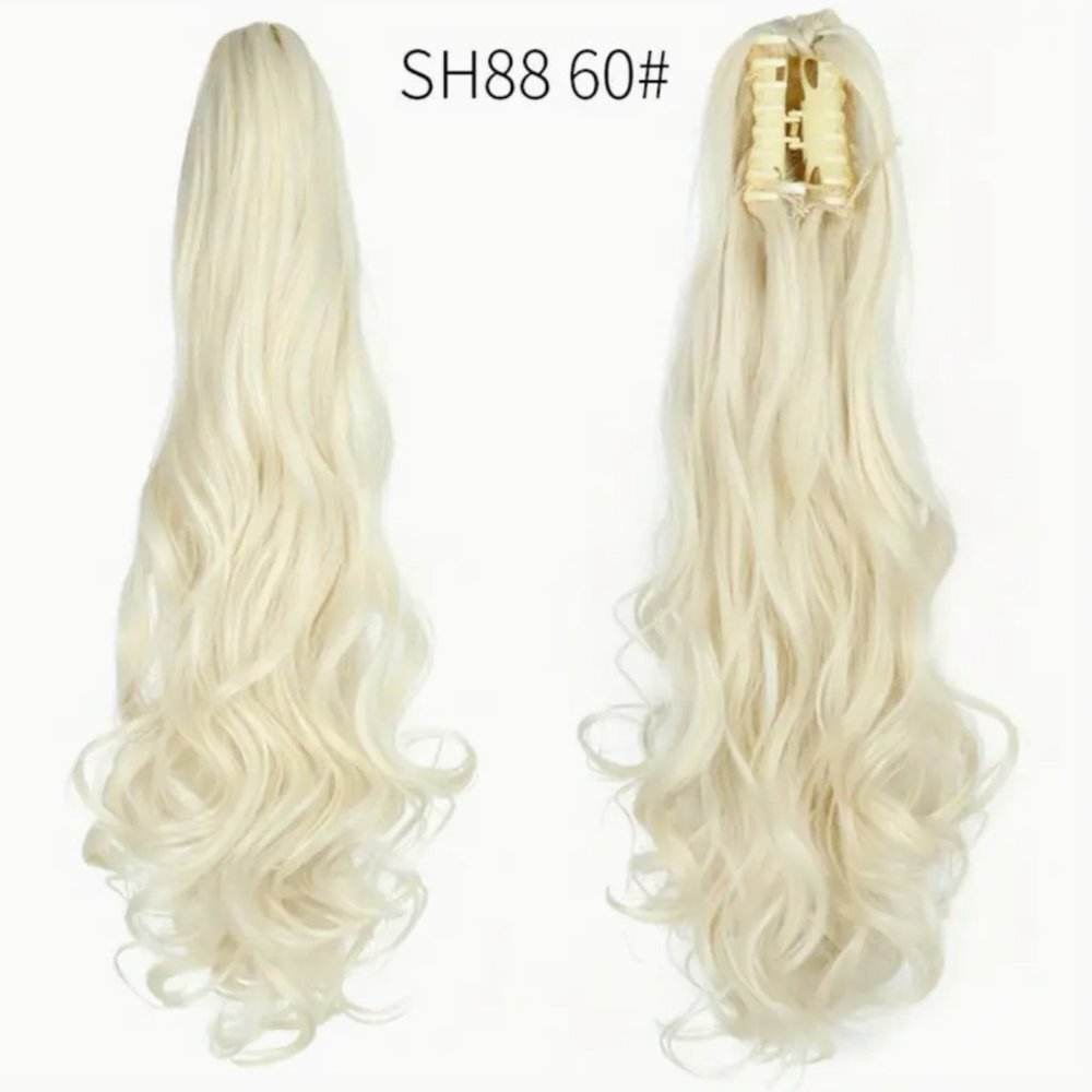 Gorgeous synthetic long fall and a bright blonde easy to attach to a ponytail